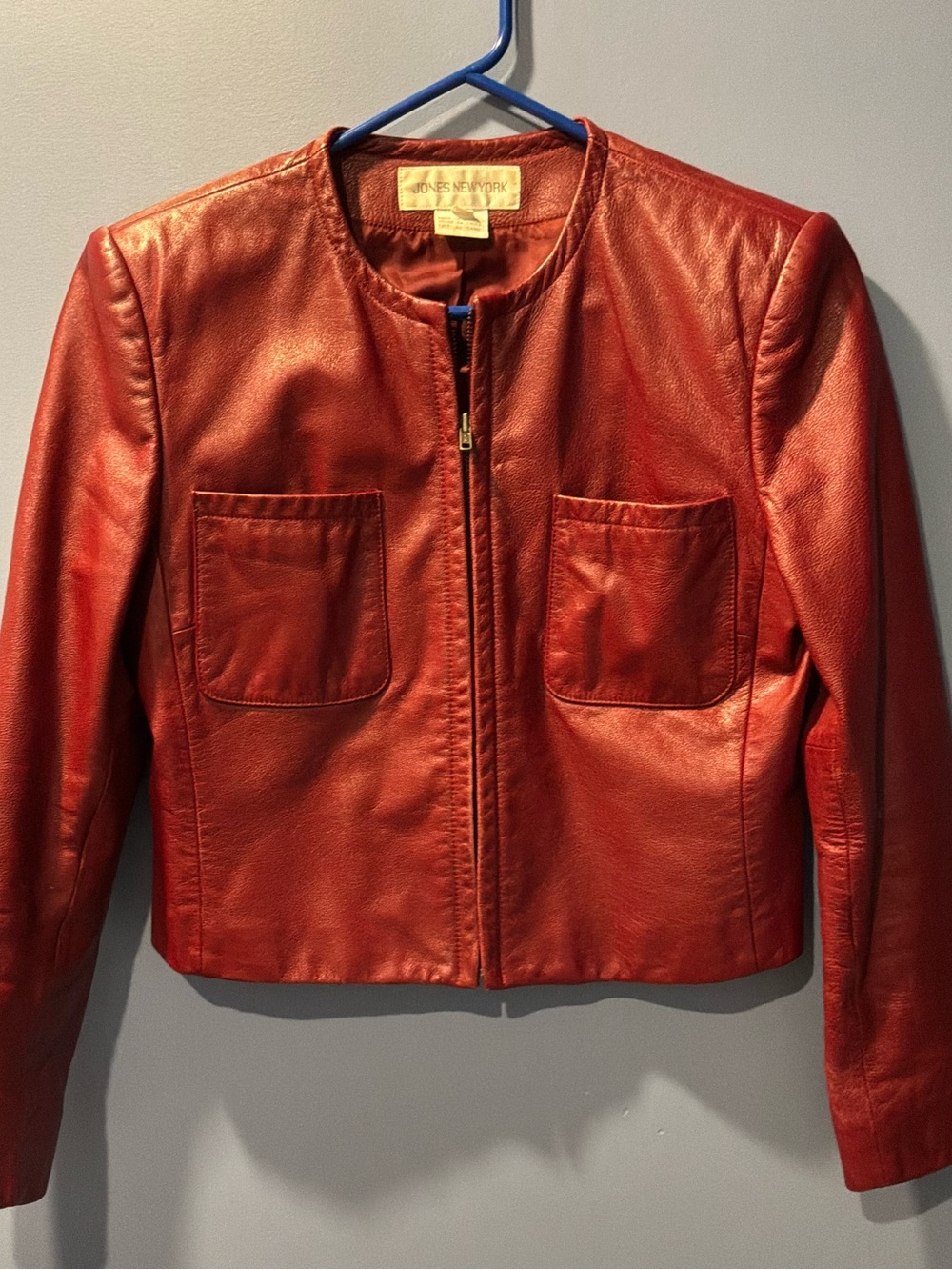 Jones New York Red Leather Zip-Front Jacket